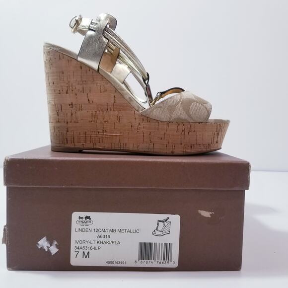 Coach Shoes - Coach Ivory Metallic Cork Wedge Sandals